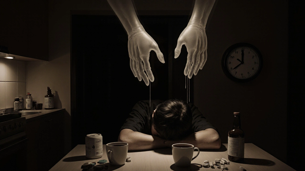 A person overcome by drowsiness at night, surrounded by medication bottles, with ghostly hands pulling them into exhaustion under dim lighting.