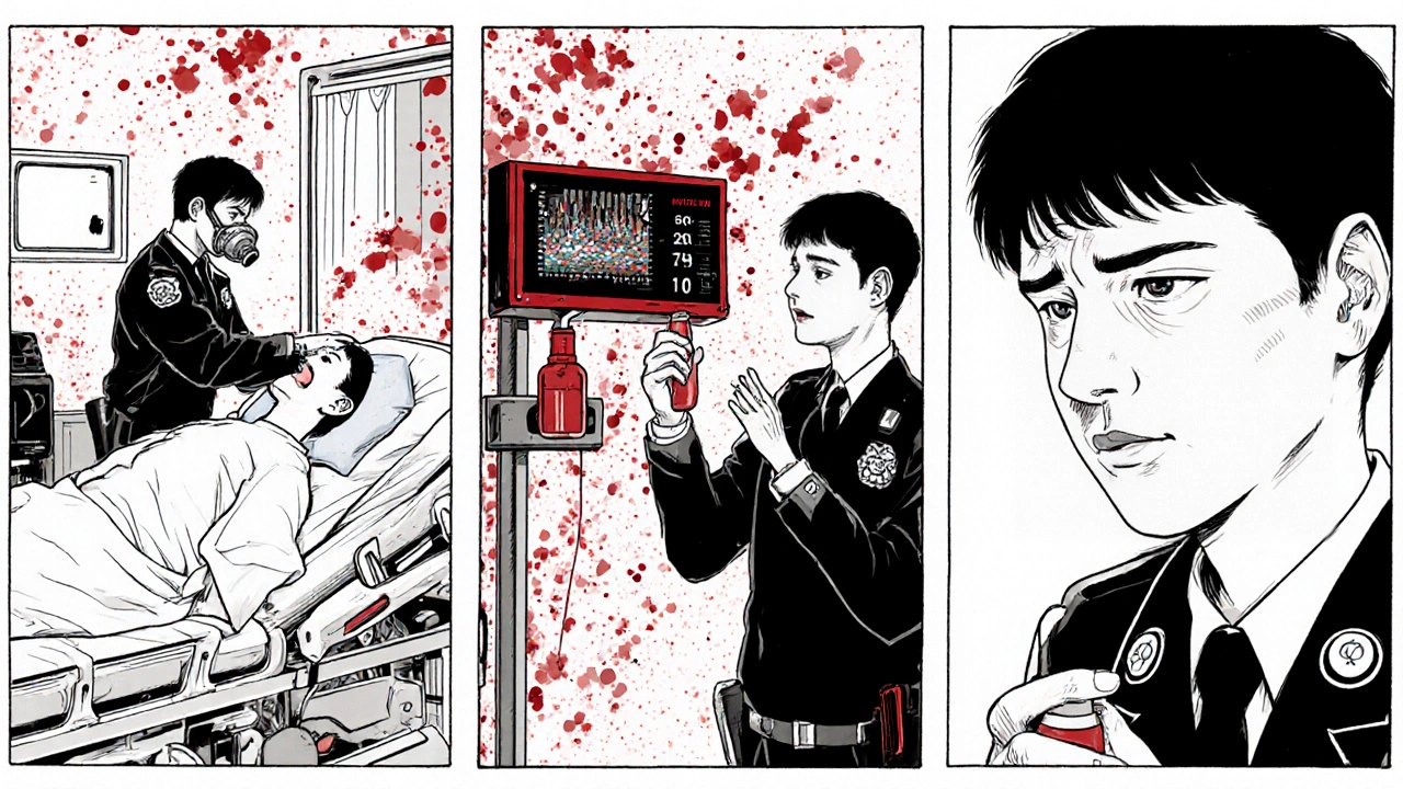 A person wakes up after naloxone reversal, holding the hand of the rescuer in a hospital setting.