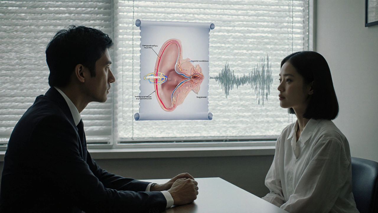 An audiologist and patient surrounded by floating diagrams of the ear and brain during TRT counseling.