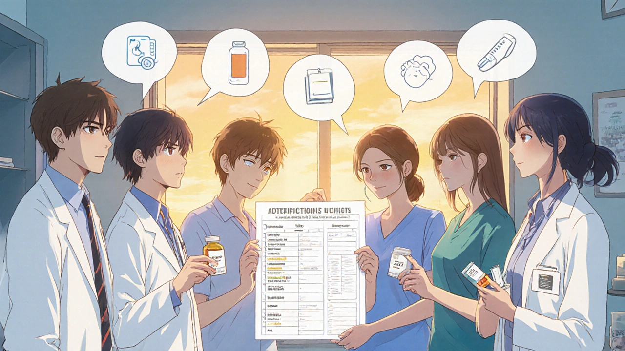 Care team gathered around patient’s medication chart with alternative delivery methods displayed.