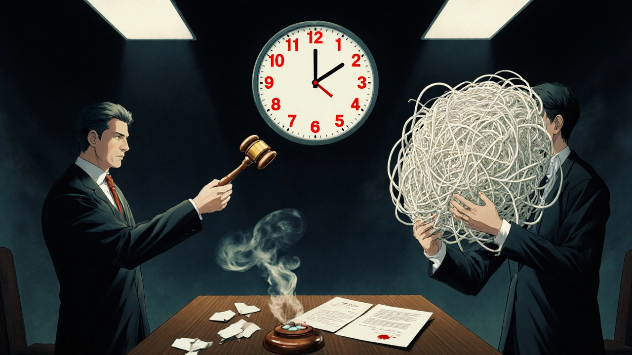 Courtroom battle over generic drug patents with a ticking 30-month clock above.