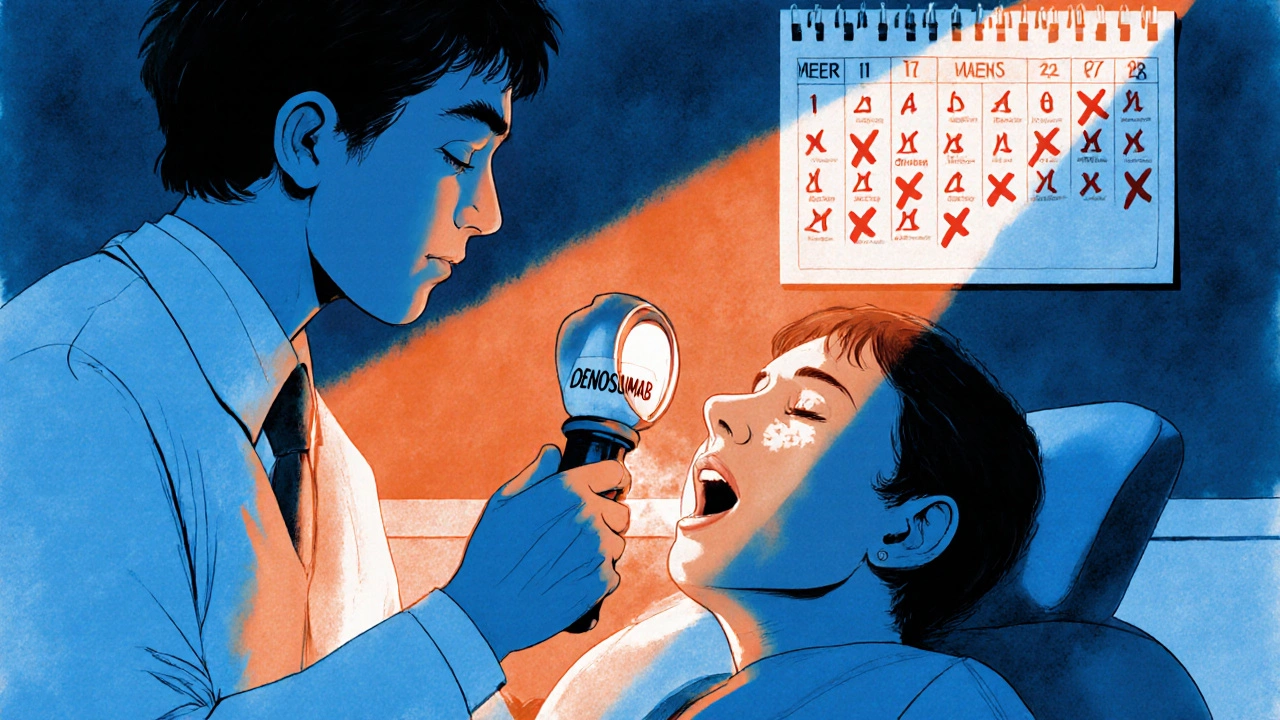 Dentist examining exposed jawbone under flashlight in a dim office, patient holding medication bottle.