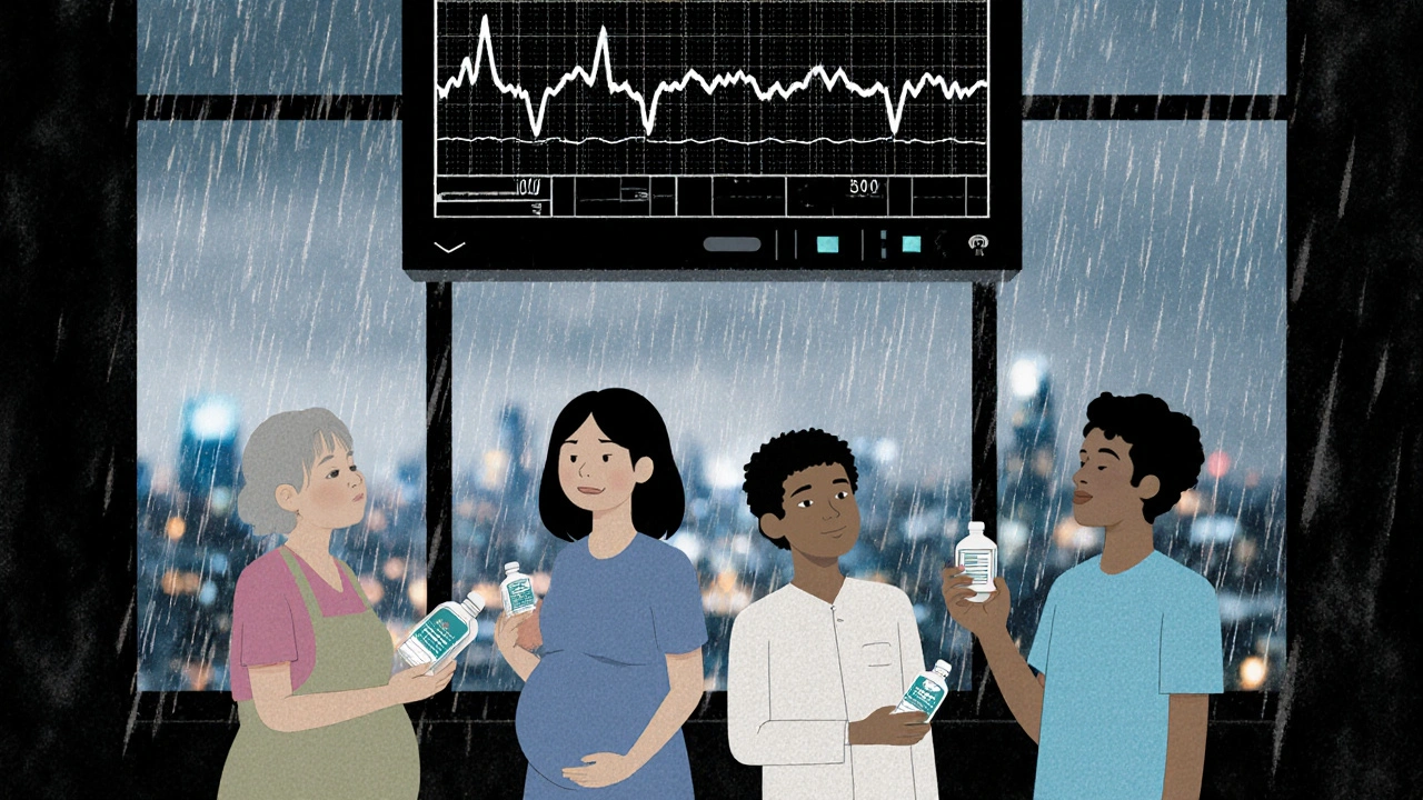 Diverse patients under a broken ECG monitor, their internal heart rhythms colliding in storm-like waves.