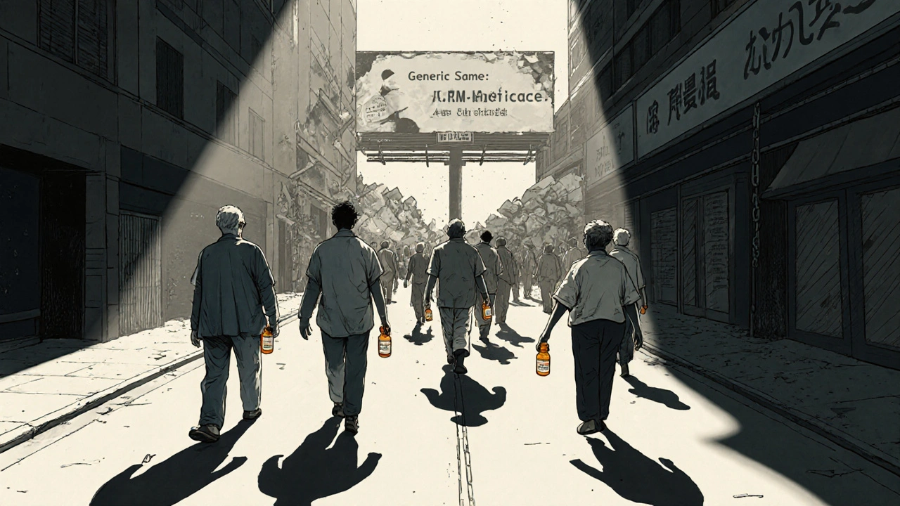 Diverse patients walking with generic pills, brand-name billboard crumbling behind them.