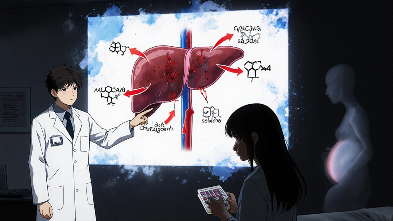 Doctor explains liver enzyme interaction breaking down birth control hormones on a clinic screen.