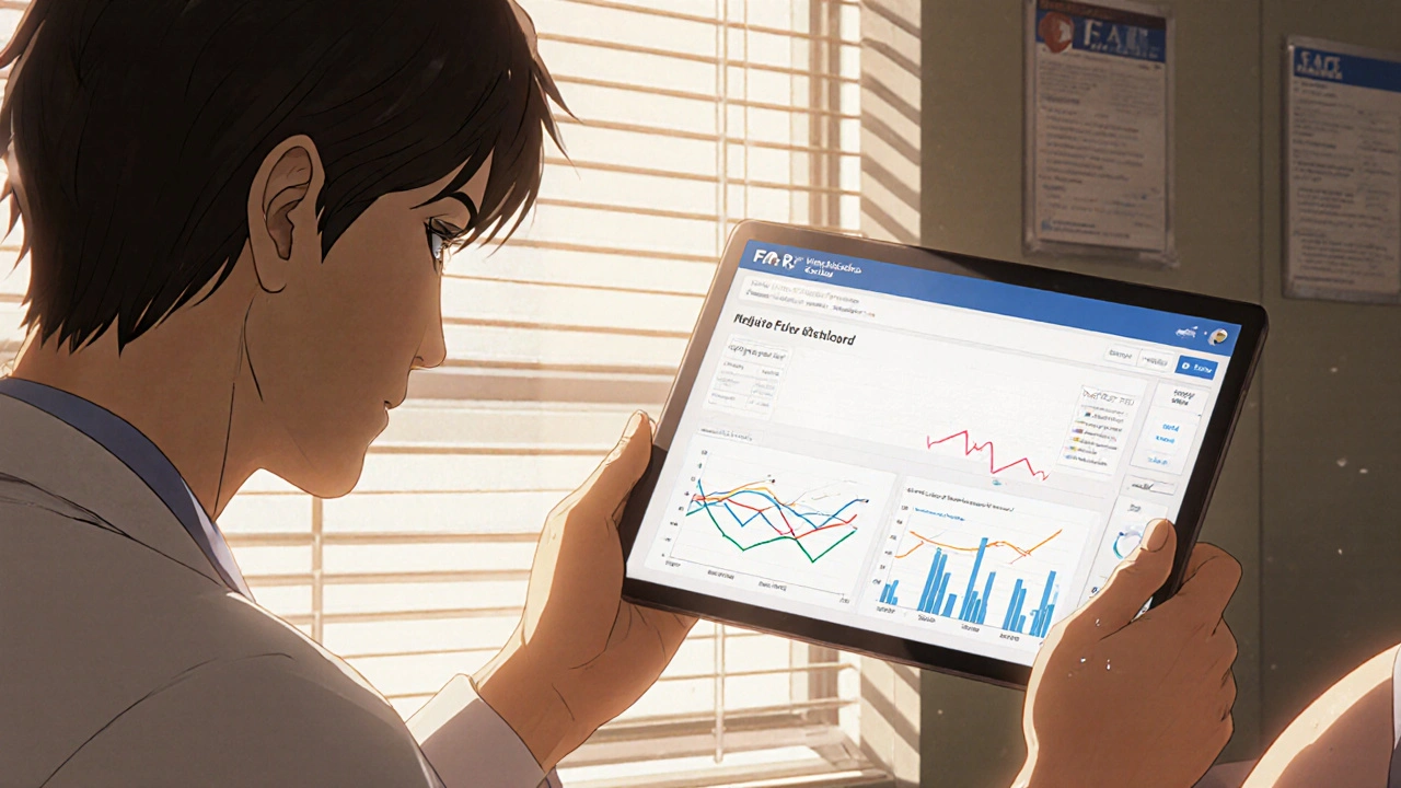 Doctor showing FAERS trend data to patient in clinic, sunlight through blinds, quiet emotional moment.