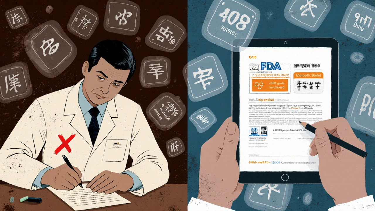 Doctor switching from brand-name to generic drug prescription, with FDA data floating in background.