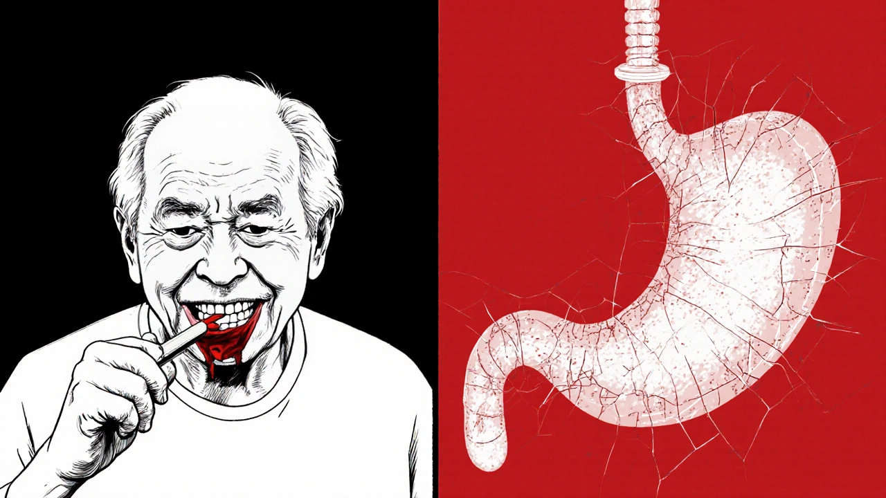Elderly person brushing teeth with bleeding gums, transparent X-ray showing disrupted platelets in stomach lining.