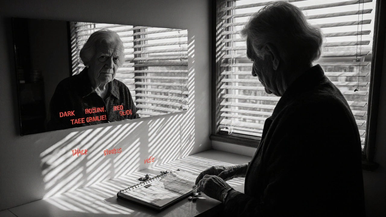 Elderly woman organizing pills at kitchen counter, ghostly bleeding symptoms reflected in window