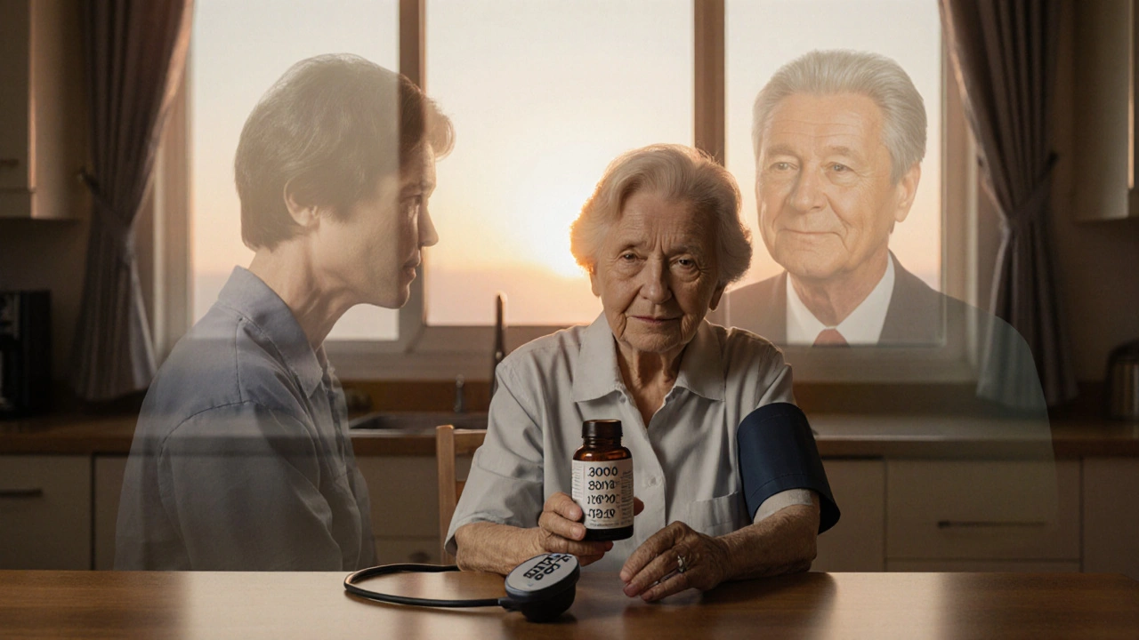 Elderly woman taking probiotics, her past high blood pressure fading as her current health improves.