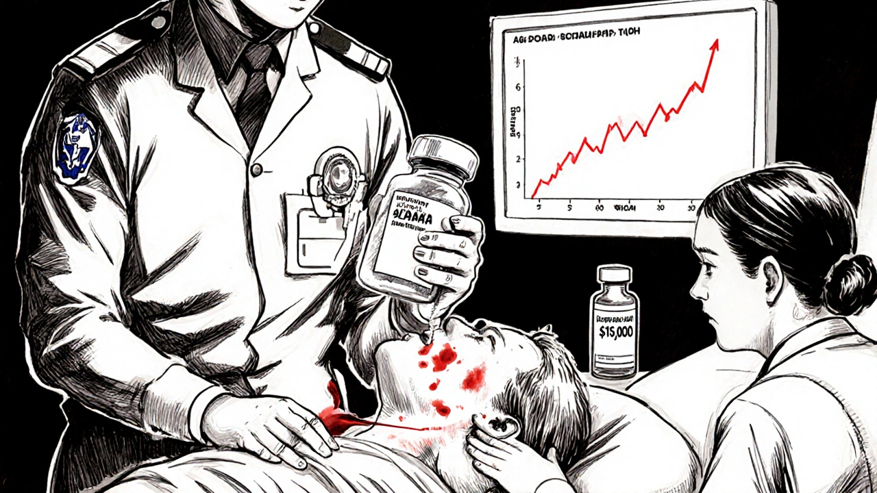 ER team administering antidote to bleeding patient with reversal kit and risk graph visible