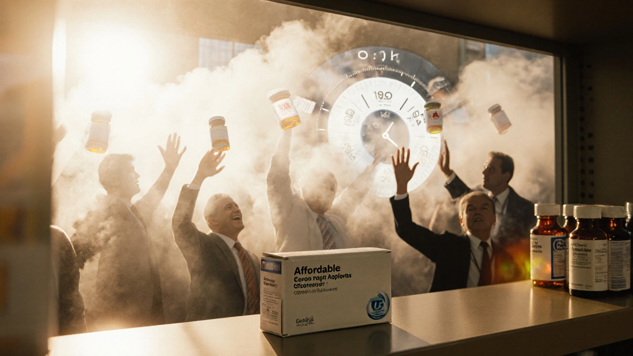 Generic drug on shelf with patients reaching for it as corporate shadows fade away.