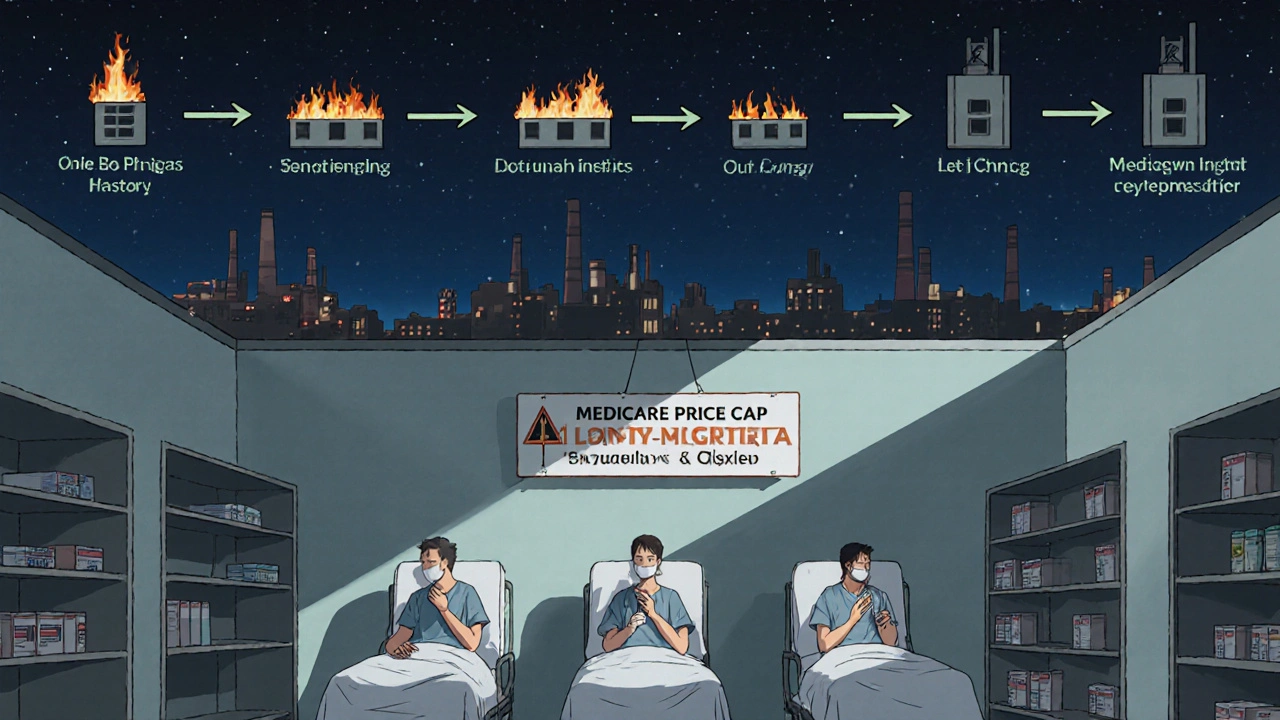 Hospital ward at night with patients receiving insulin, fractured supply chain above, only two factories working under a price cap.