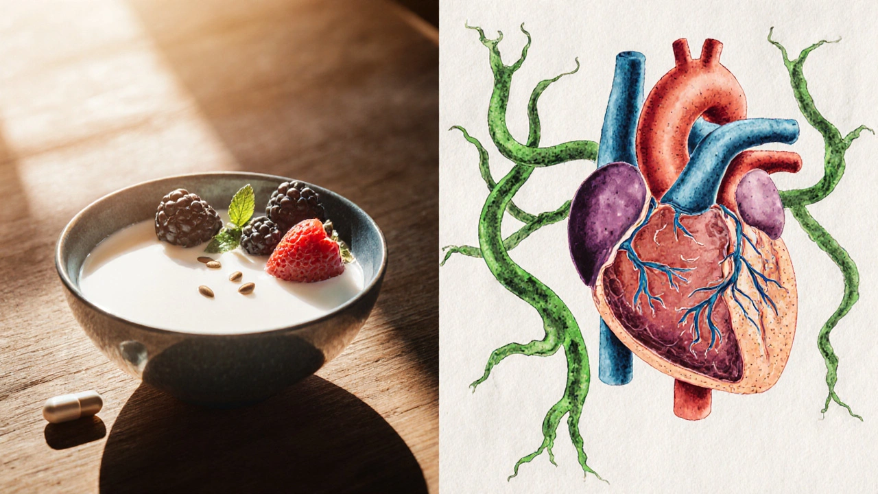 Kefir bowl and probiotic capsule beside a heart healed by beneficial fatty acids, in gritty ink style.