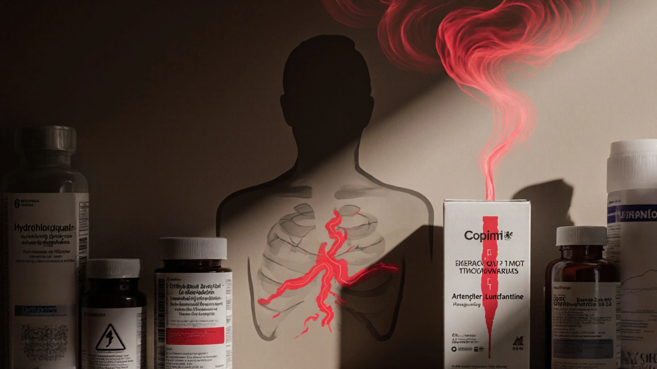 Medication bottles casting shadowy figures with a bleeding QT interval on a hospital shelf.