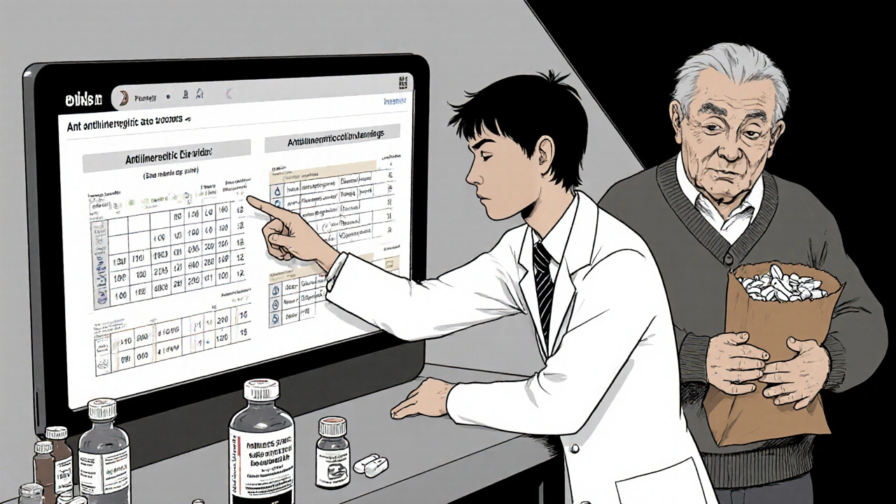 Pharmacist explaining drug interactions to elderly man surrounded by pill bottles and digital health screen.
