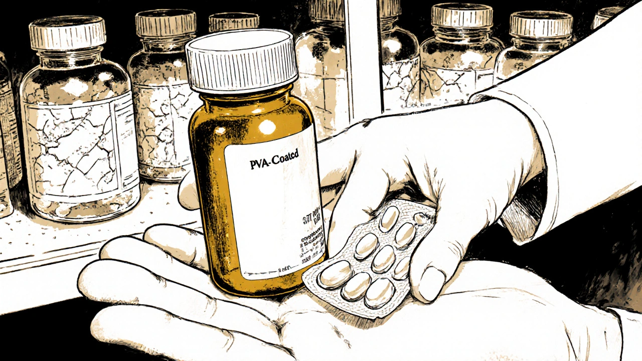 Pharmacist handing a patient a protected pill bottle with desiccant, damaged bottles in background.