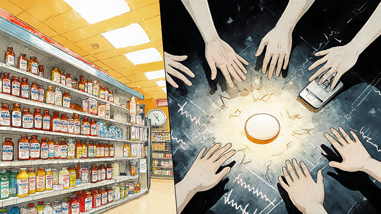 Pharmacy NSAIDs contrast with hospital chaos, while acetaminophen glows as the safe alternative.