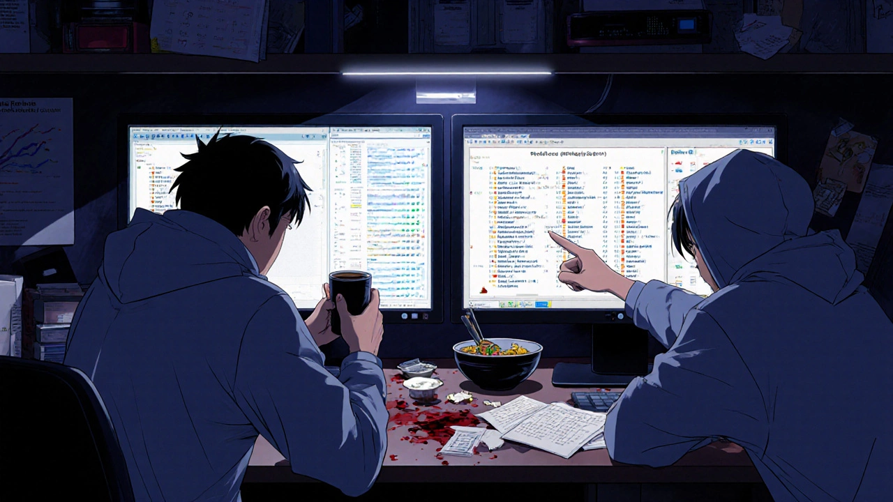 Researchers analyzing raw FAERS data in a cluttered lab at night, monitors glowing with code and heatmaps.