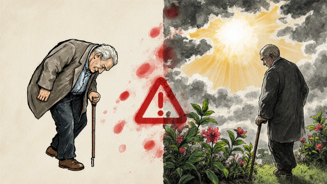 Senior man before and after switching medication: one panel shows fall, other shows walking safely in garden.