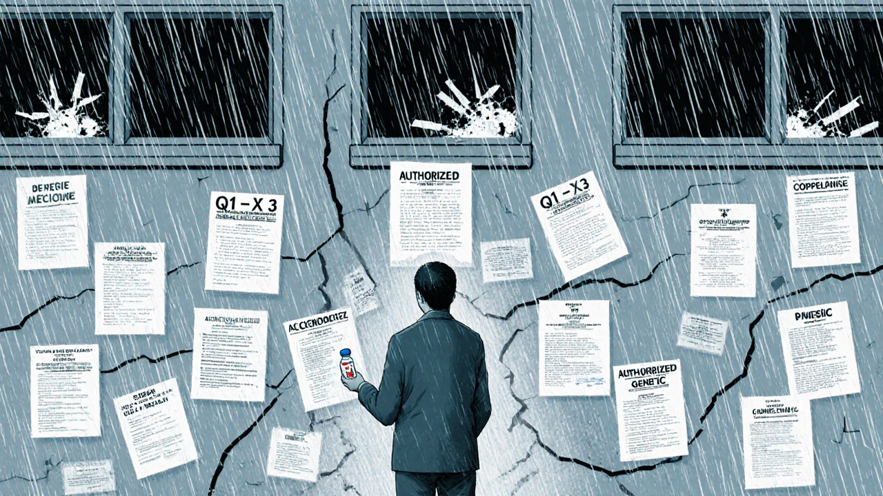 Small manufacturer facing massive wall of legal barriers, rain pouring through, symbolizing entry costs and systemic obstacles.