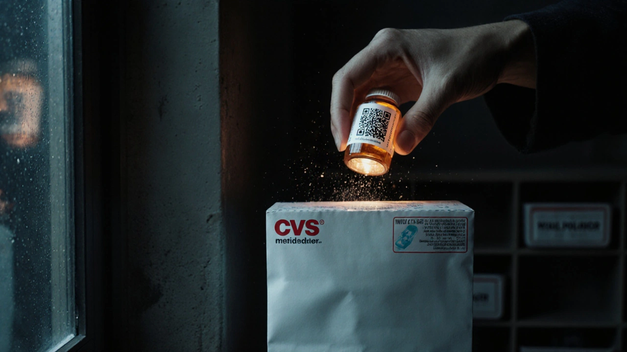 Someone dropping expired meds into a prepaid mailer at night, moonlight illuminates a QR code on a pill bottle beside a labeled storage cabinet.