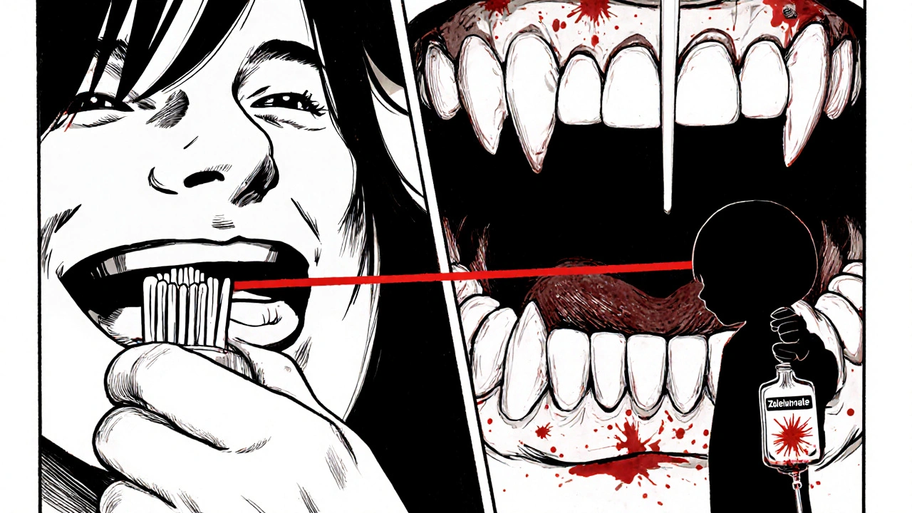 Split image: healthy jaw vs. diseased jaw with IV medication shadow, showing progression of ONJ.