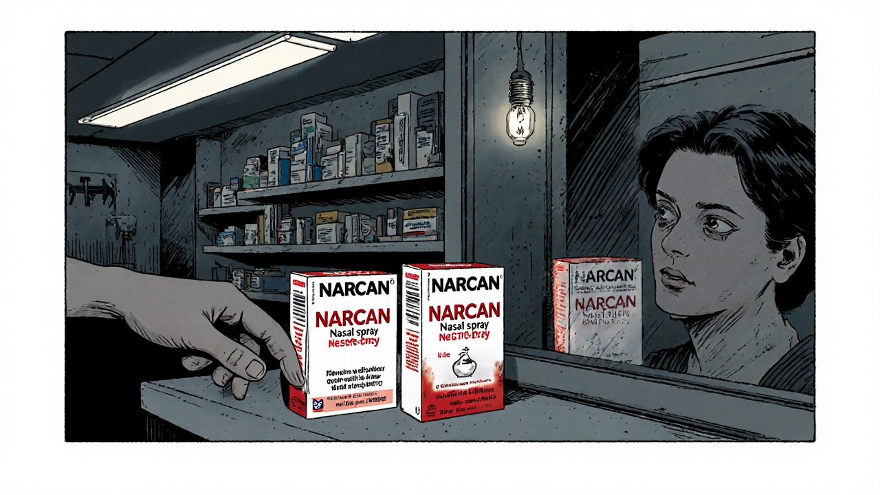 Two naloxone spray boxes on a pharmacy counter as a worried hand reaches for them.