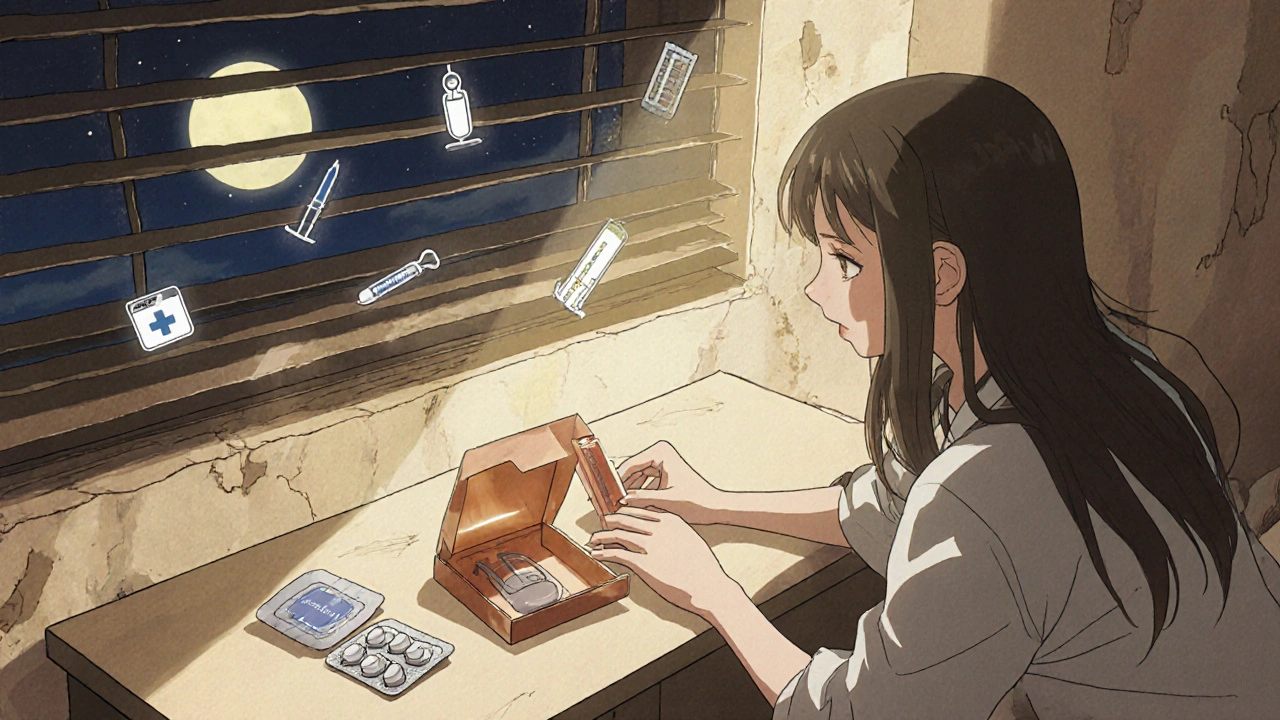 Woman places copper IUD on nightstand beside discarded birth control pills, moonlight streaming in.