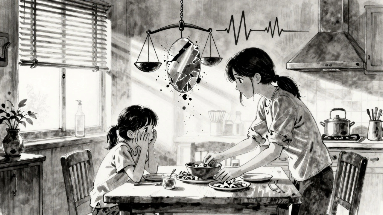 A family shares breakfast as a daughter trembles; abstract symbols of illness float above them in dawn light.