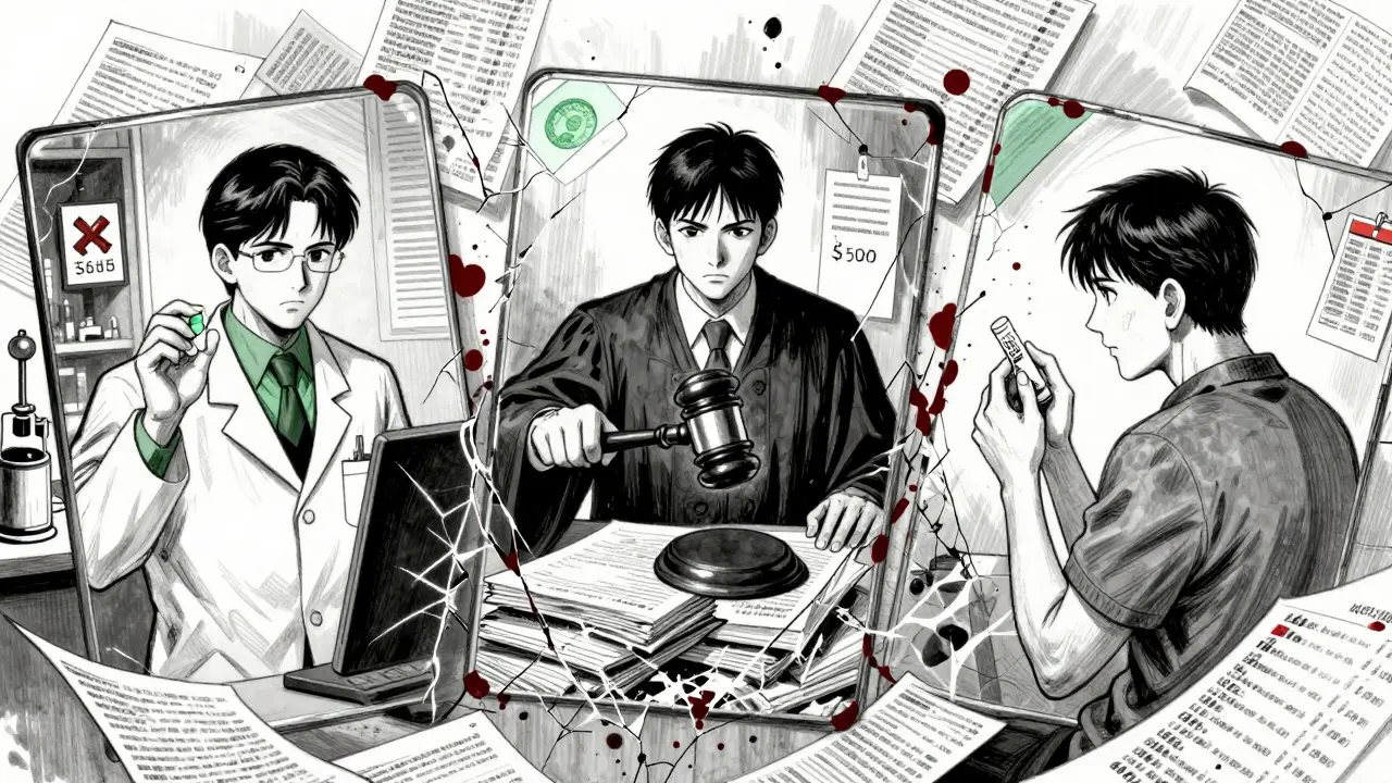 A fractured mirror shows a scientist, a gavel, and a patient facing a 0 insulin price, with floating patent documents and ink bleeding between fragments.