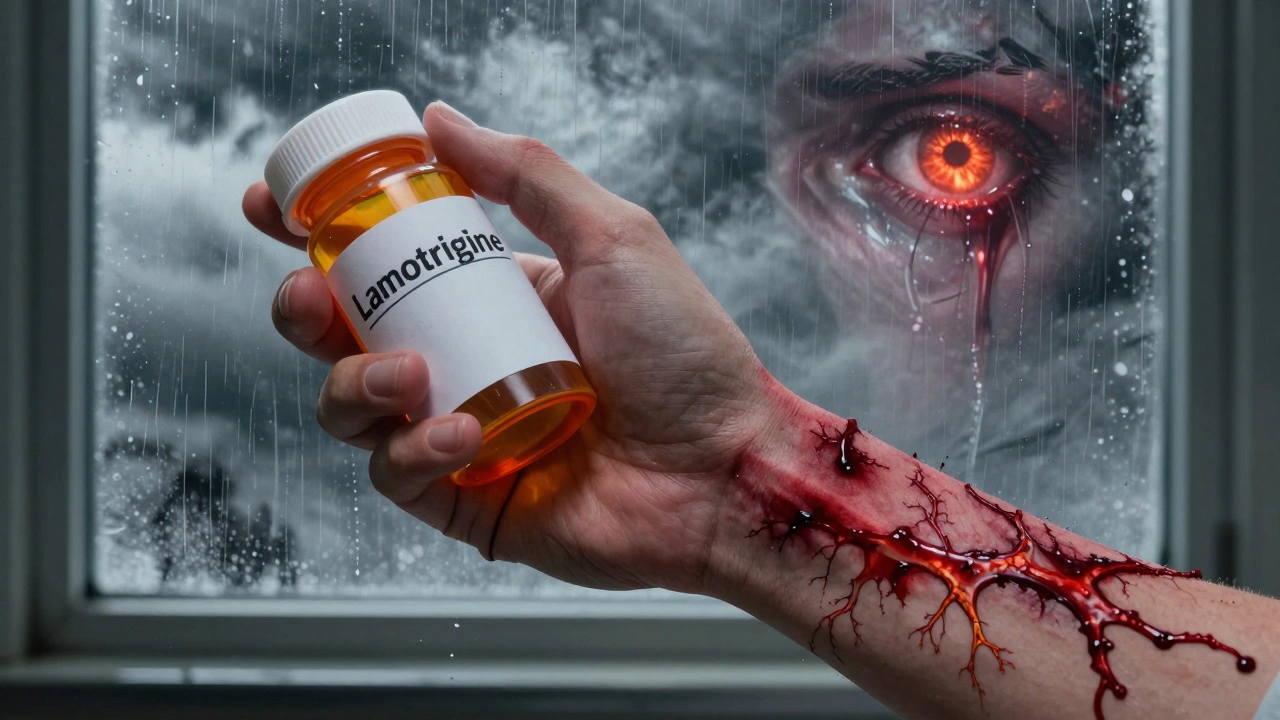 A hand holding a medication bottle as a dark red rash spreads violently up the arm, with ghostly images of damaged mucous membranes.