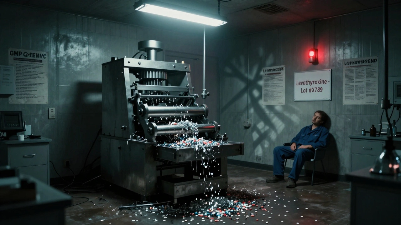 A malfunctioning tablet press in a dim factory with scattered pills and metal shavings.