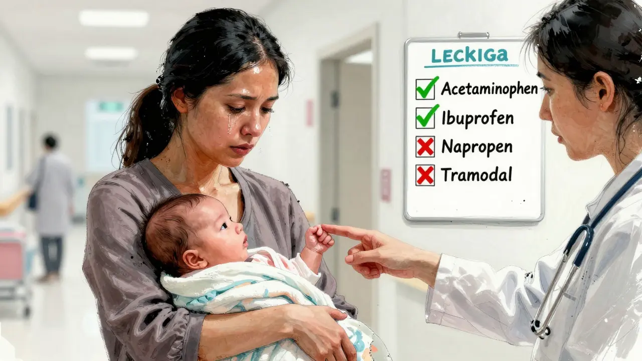 A mother and lactation consultant review medication safety chart, baby held close in hospital hallway.