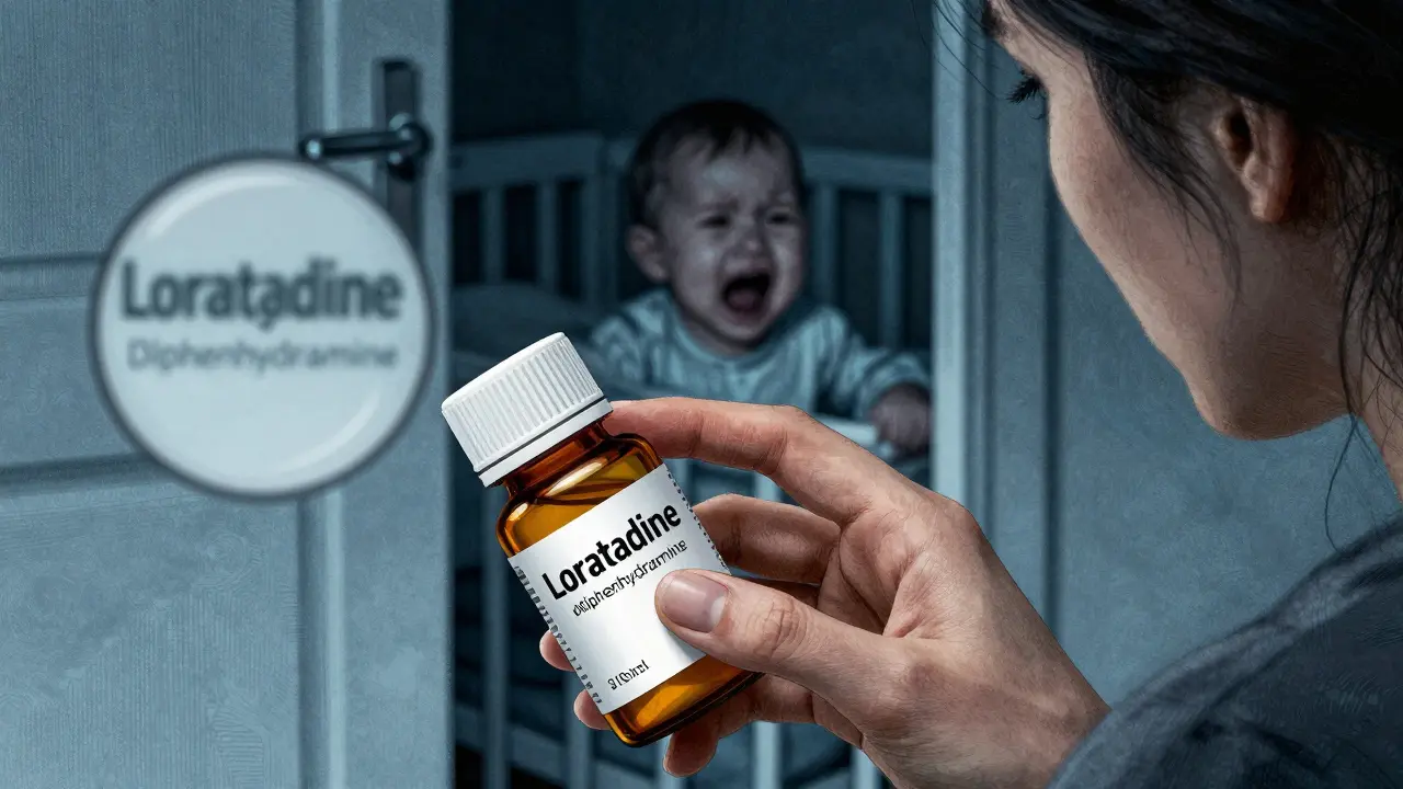 A mother reads medicine labels closely, safe ingredients in focus, dangerous ones fading into shadow.