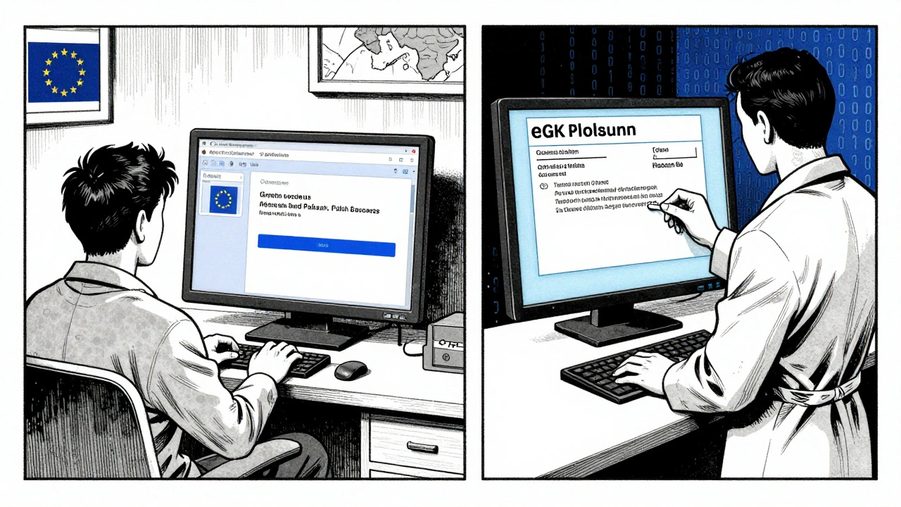 A patient grants digital access to their health data across borders, while a pharmacist in another country verifies the prescription.