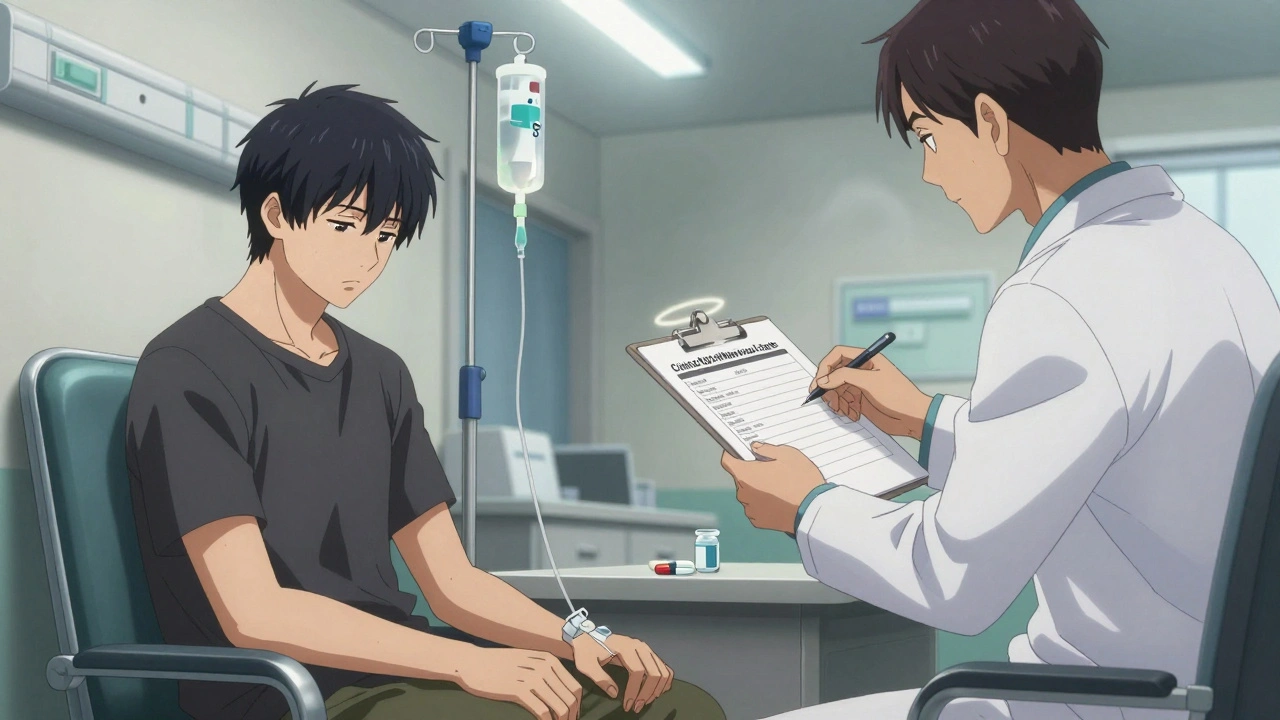 A patient receiving medical care for opioid withdrawal, with a doctor reviewing a symptom scale and pills on the table.