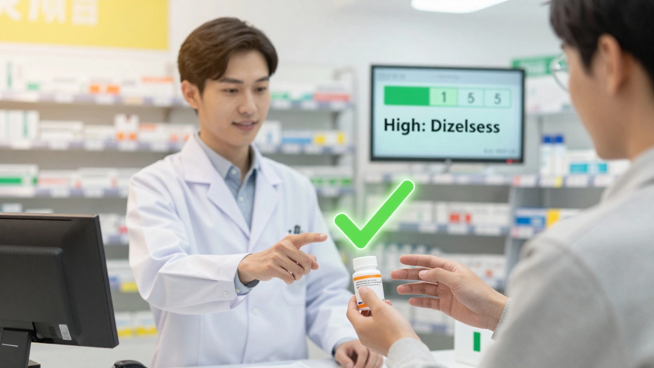 A pharmacist hands a generic pill bottle to a patient with a glowing risk scale in the background.