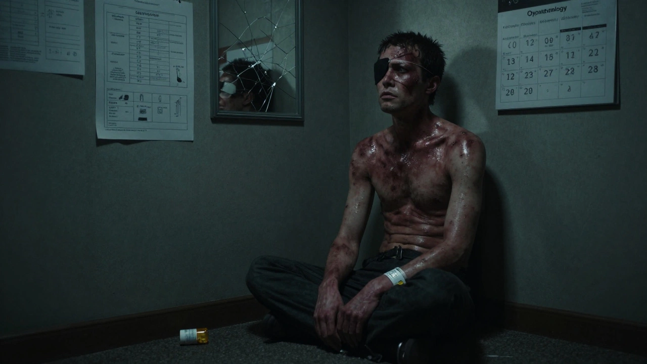 A scarred survivor in a quiet room, wearing an eye patch, surrounded by medical appointments, reflecting a fractured identity.