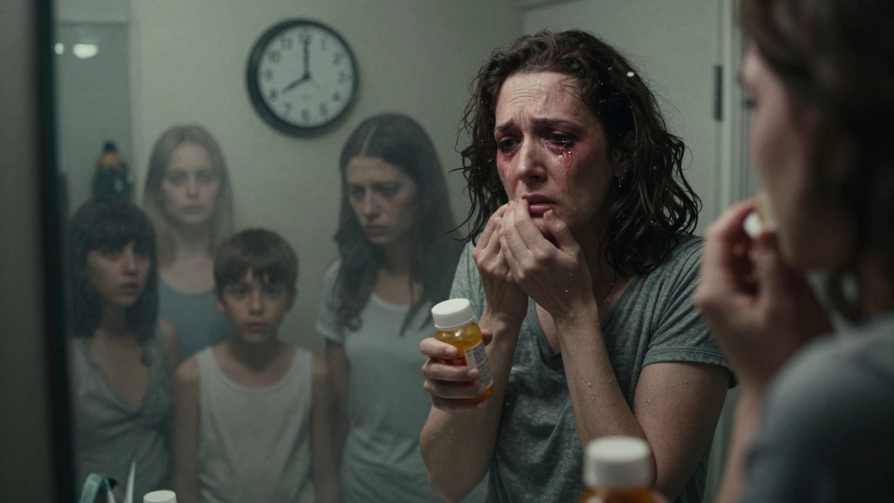 A woman cries before a mirror, face swollen from purging, clutching laxatives as ghostly figures loom behind her.