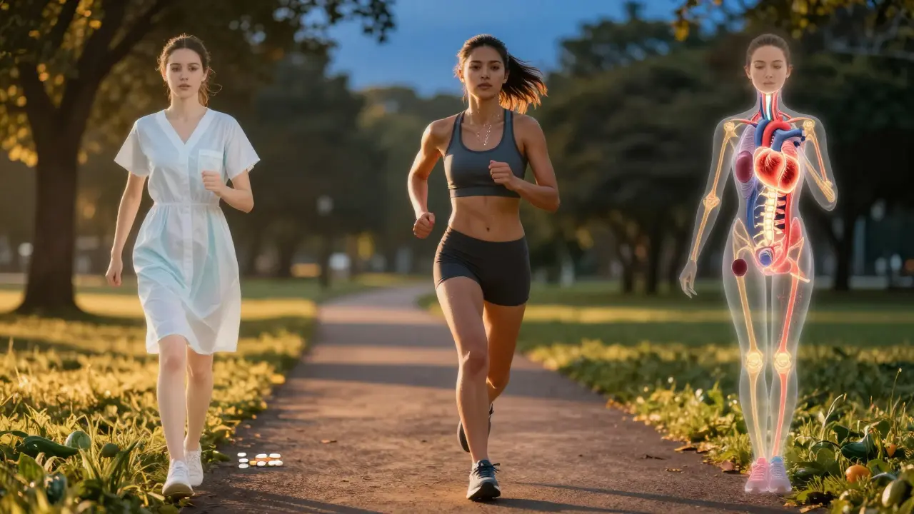 A young woman jogging at sunrise with translucent health overlays showing her body thriving, Gekiga style.