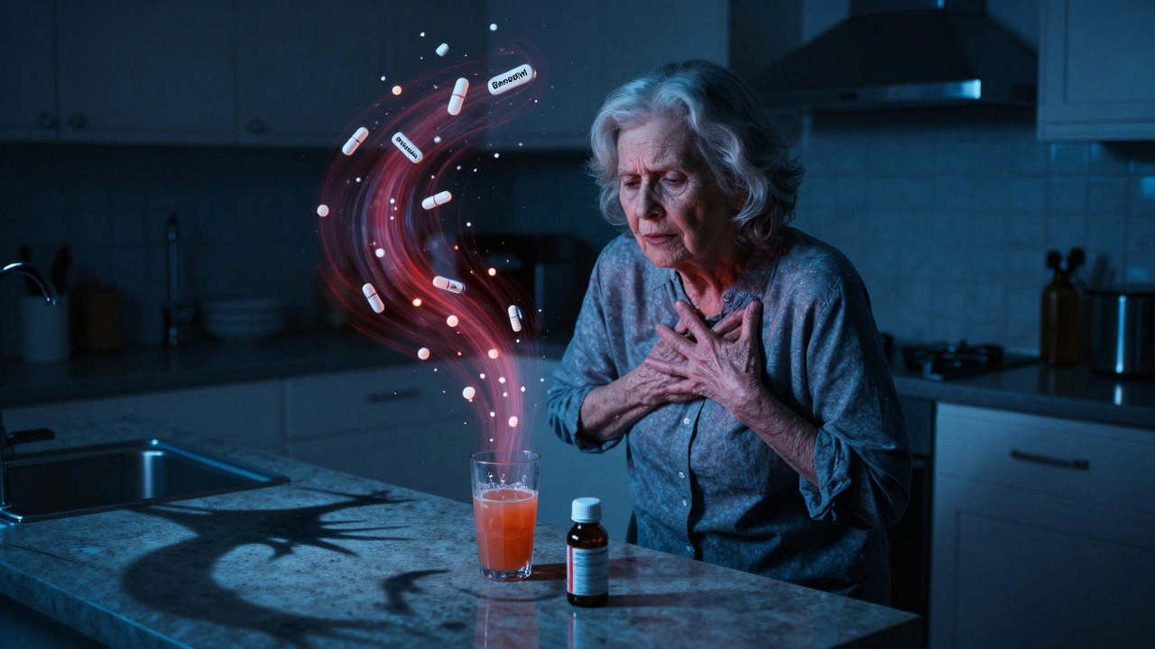 An elderly woman clutches her chest as a vortex of pills swirls above her in a dim kitchen.