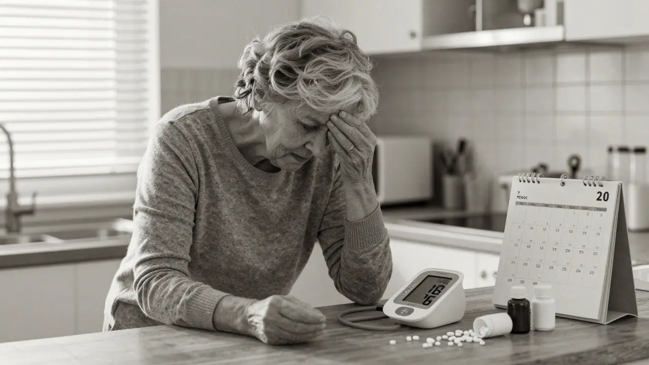 An elderly woman feeling dizzy beside a home blood pressure monitor showing low readings, pill bottles scattered.