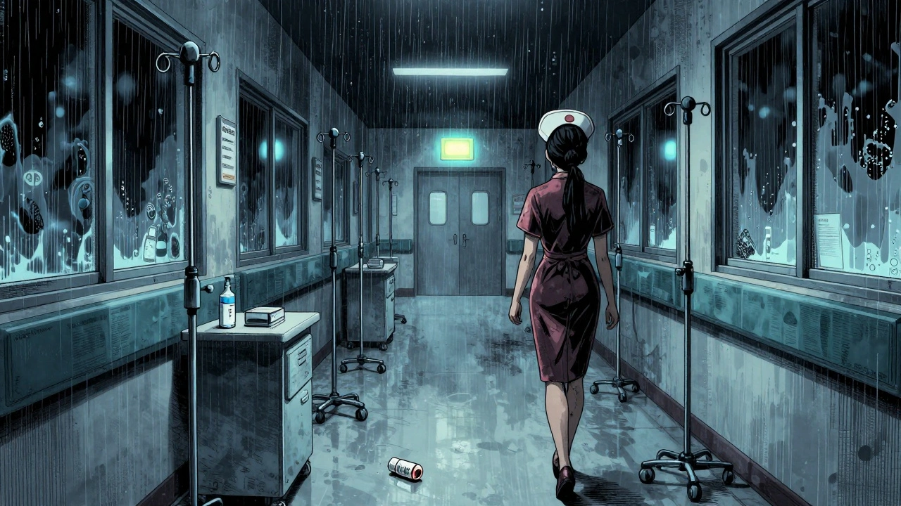 An empty hospital corridor with flickering FDA warnings and a lone rolling generic pill.