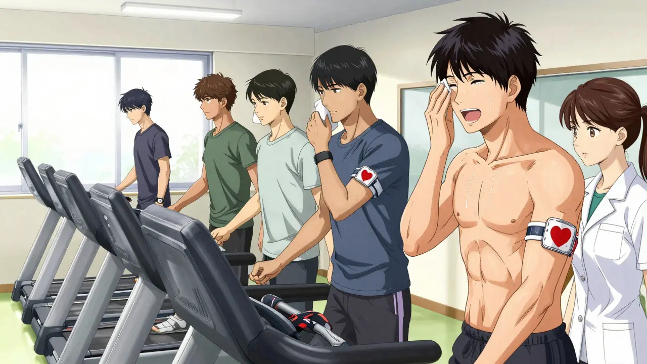 Cardiac rehab patients walking on treadmills in clinic, monitored by physiotherapist with heart rate devices visible.