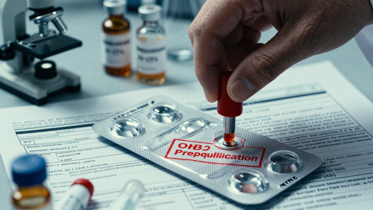 Close-up of WHO Prequalification stamp on generic insulin vial with lab equipment in background.