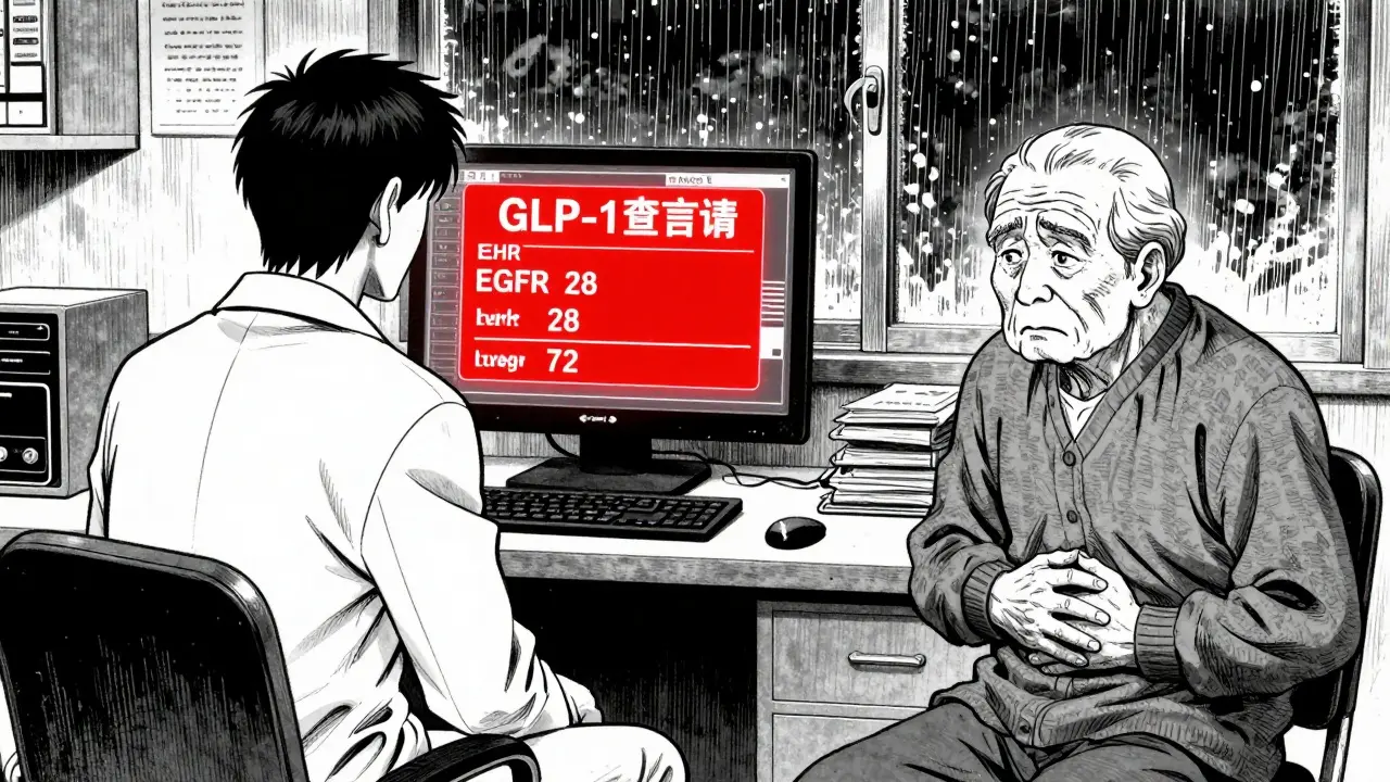 Doctor reviewing a dynamic FDA warning on an EHR screen while an elderly patient sits worriedly across the room.