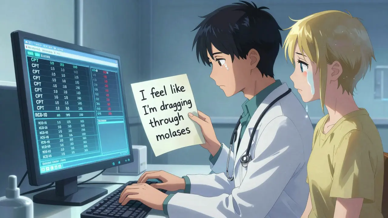 Doctor types codes on screen while translucent patient holds handwritten symptom note in warm light.