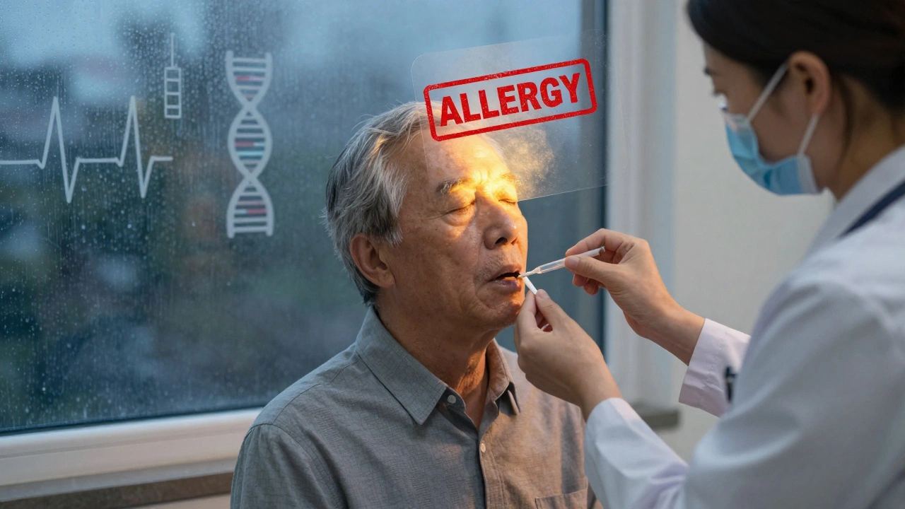 Elderly man taking penicillin in clinic as allergy stamp dissolves into light, rain streaks window