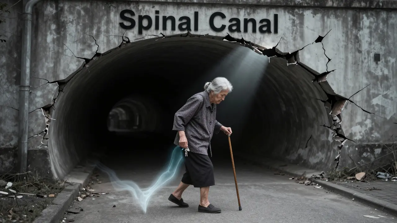 Elderly woman walking unsteadily with cane, ghostly trailing legs and collapsing spinal canal above her.